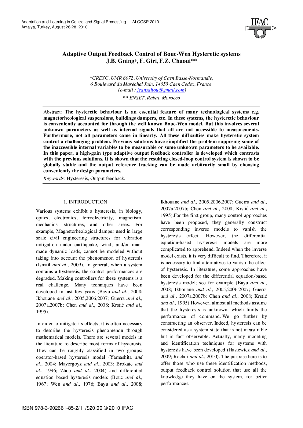 Adaptive Output Feedback Control of Bouc-Wen Hysteretic systems