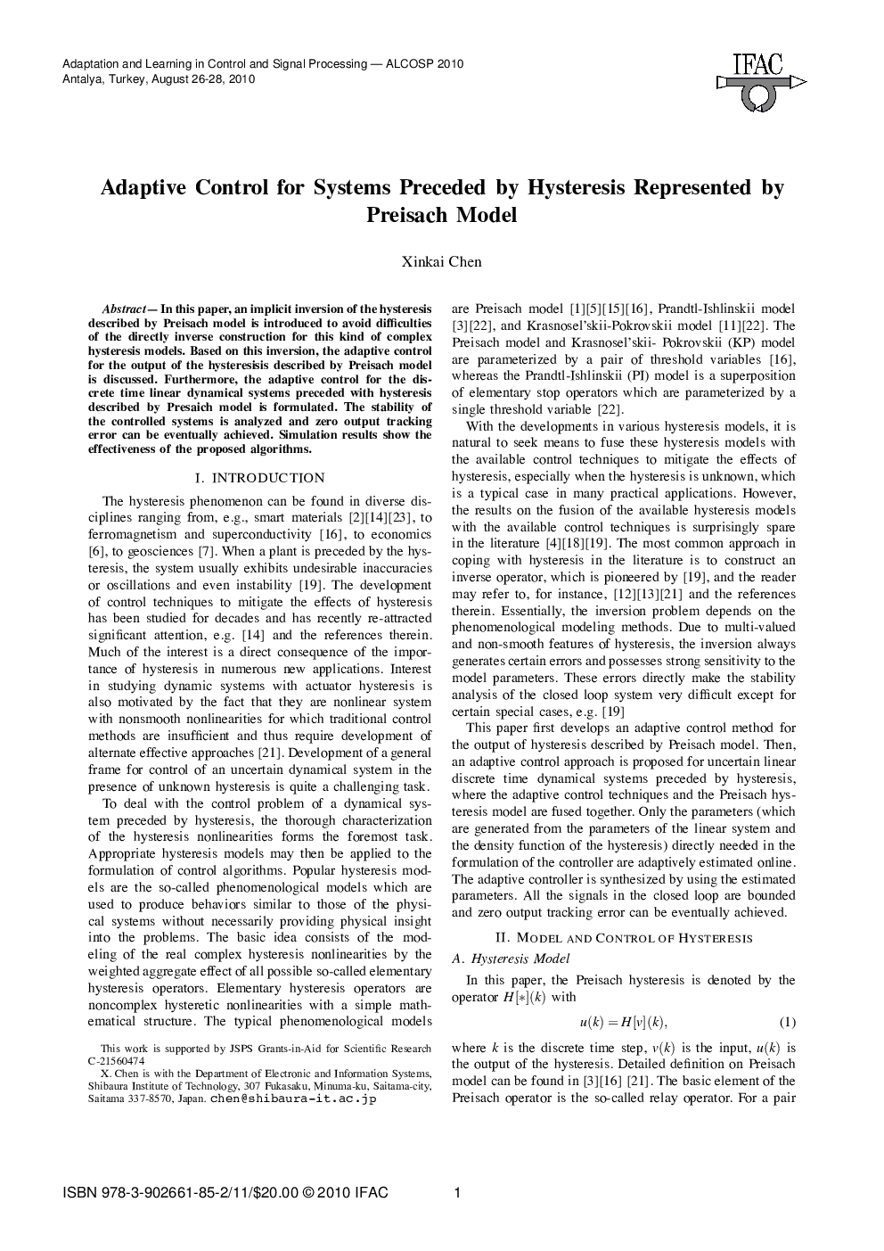 Adaptive Control for Systems Preceded by Hysteresis Represented by Preisach Model