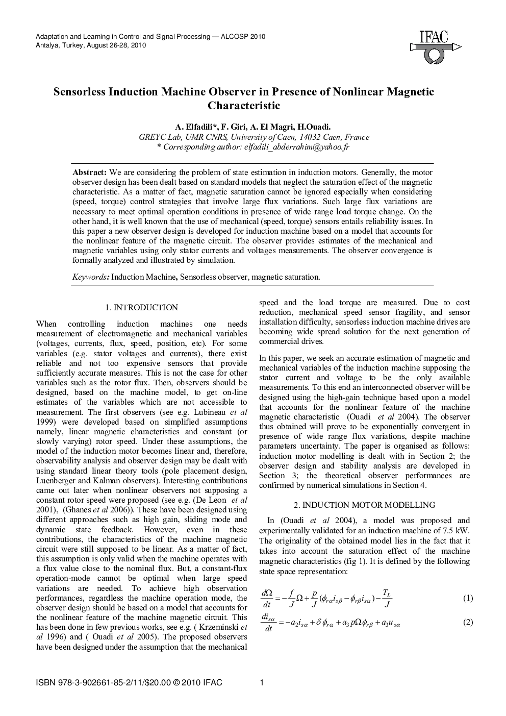 Sensorless Induction Machine Observer in Presence of Nonlinear Magnetic Characteristic