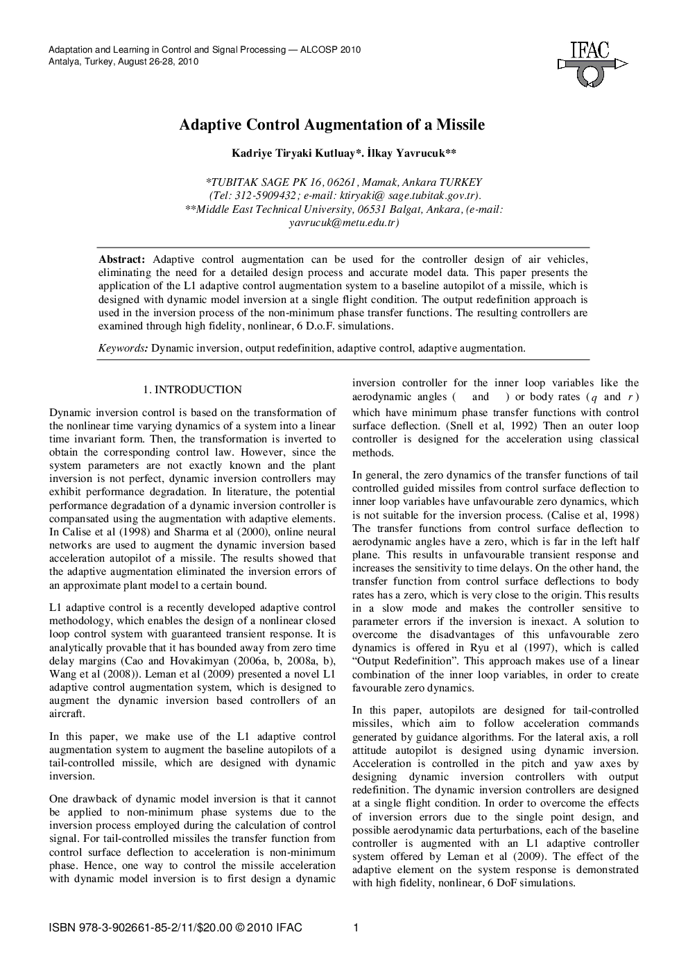 Adaptive Control Augmentation of a Missile