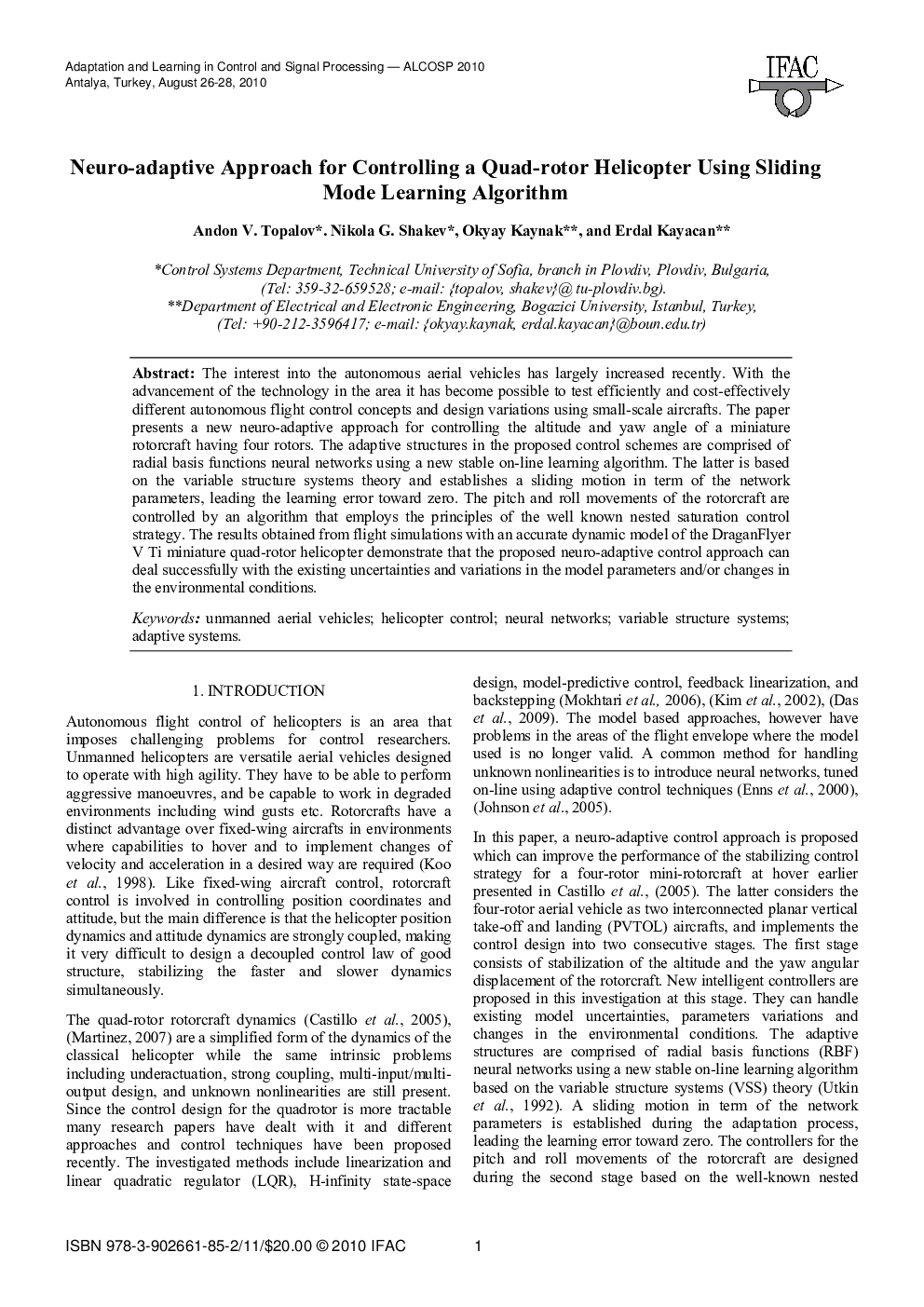 Neuro-adaptive Approach for Controlling a Quad-rotor Helicopter Using Sliding Mode Learning Algorithm