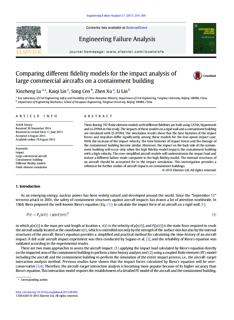 Comparing different fidelity models for the impact analysis of large commercial aircrafts on a containment building