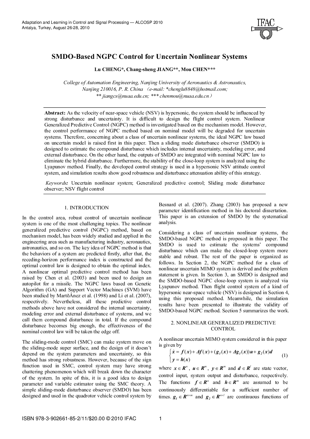 SMDO-Based NGPC Control for Uncertain Nonlinear Systems
