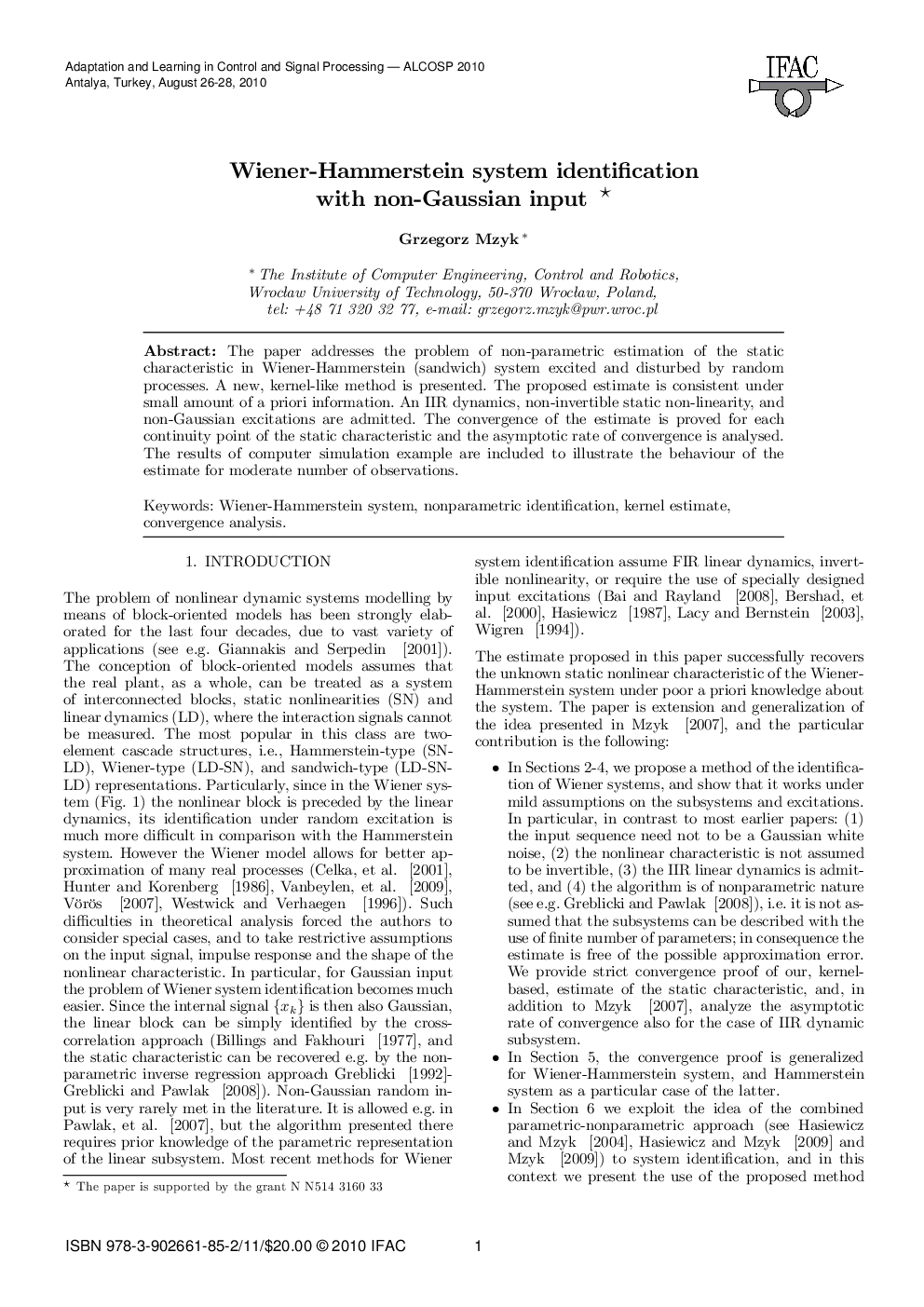 عکس صفحه اول مقاله: Wiener-Hammerstein system identification with non-Gaussian input Wiener-Hammerstein system identification with non-Gaussian input