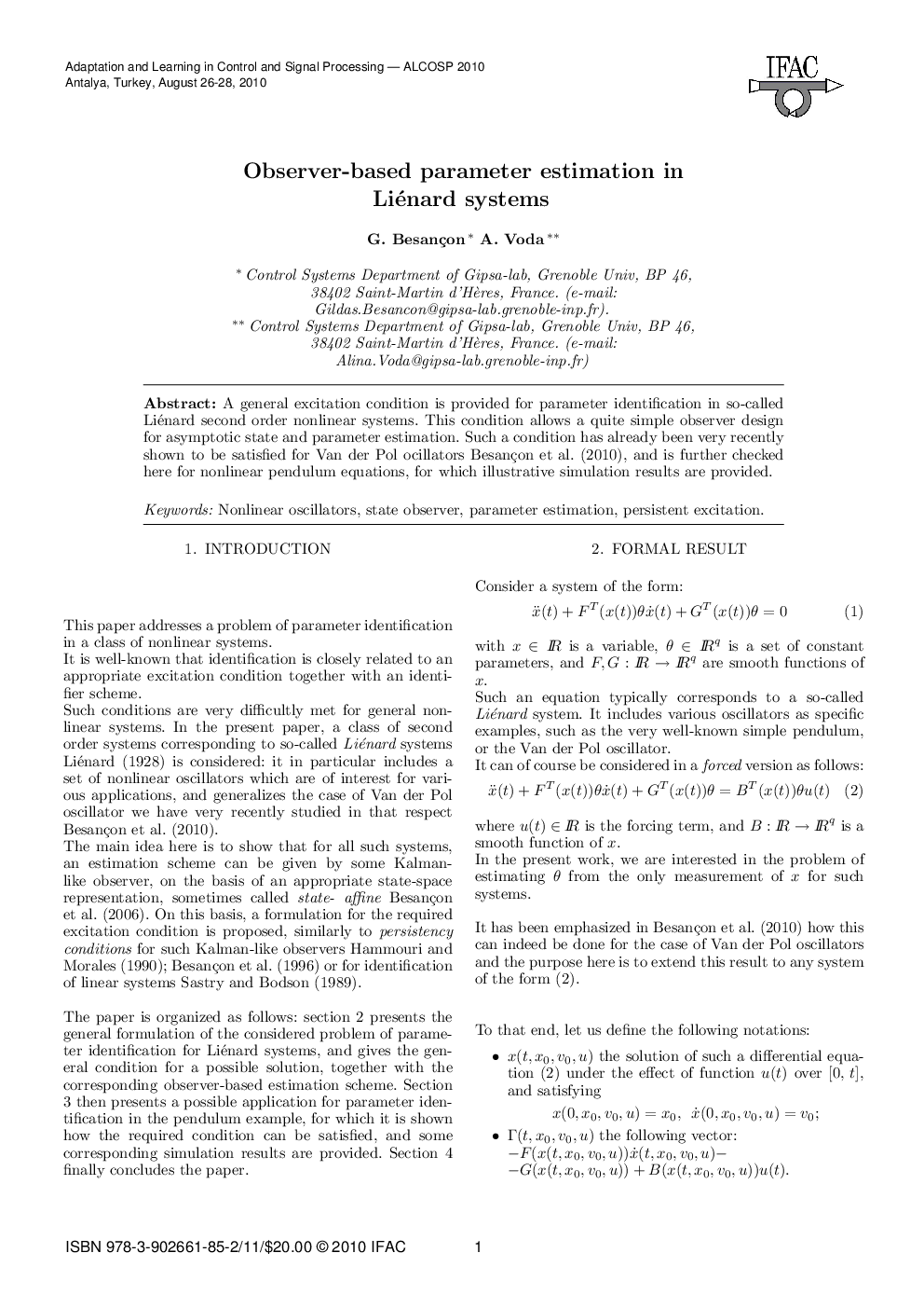 Observer-based parameter estimation in Liénard systems