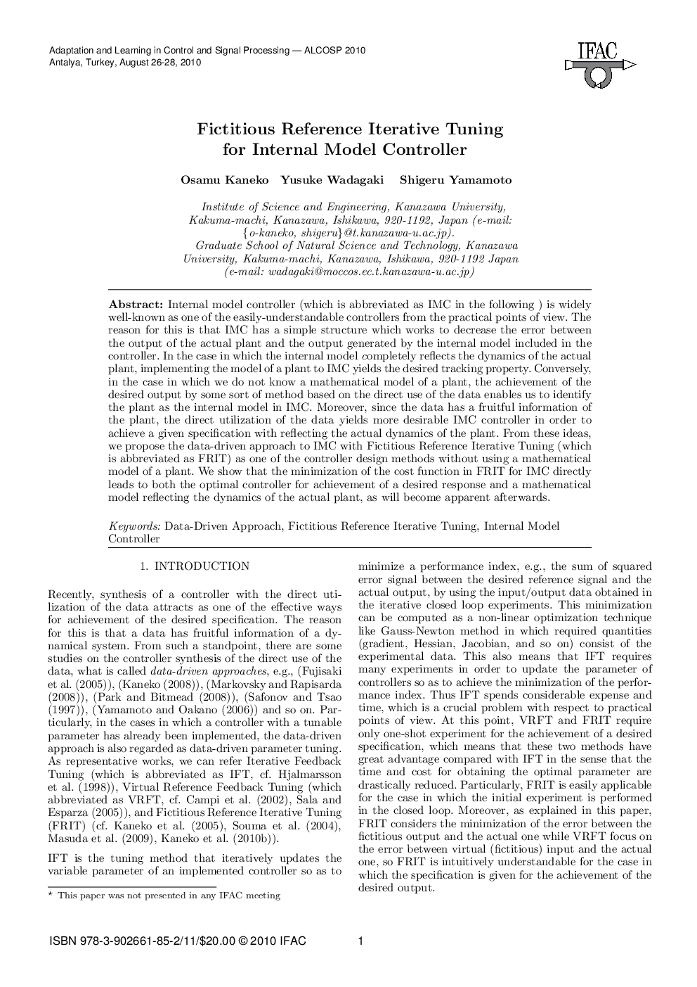 عکس صفحه اول مقاله: Fictitious Reference Iterative Tuning for Internal Model Controller Fictitious Reference Iterative Tuning for Internal Model Controller