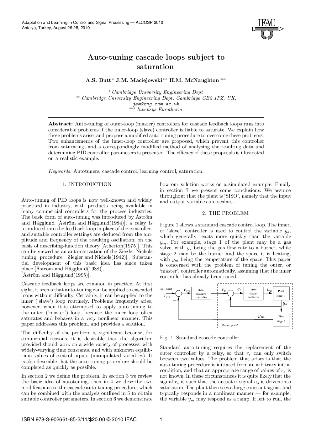 Auto-tuning cascade loops subject to saturation