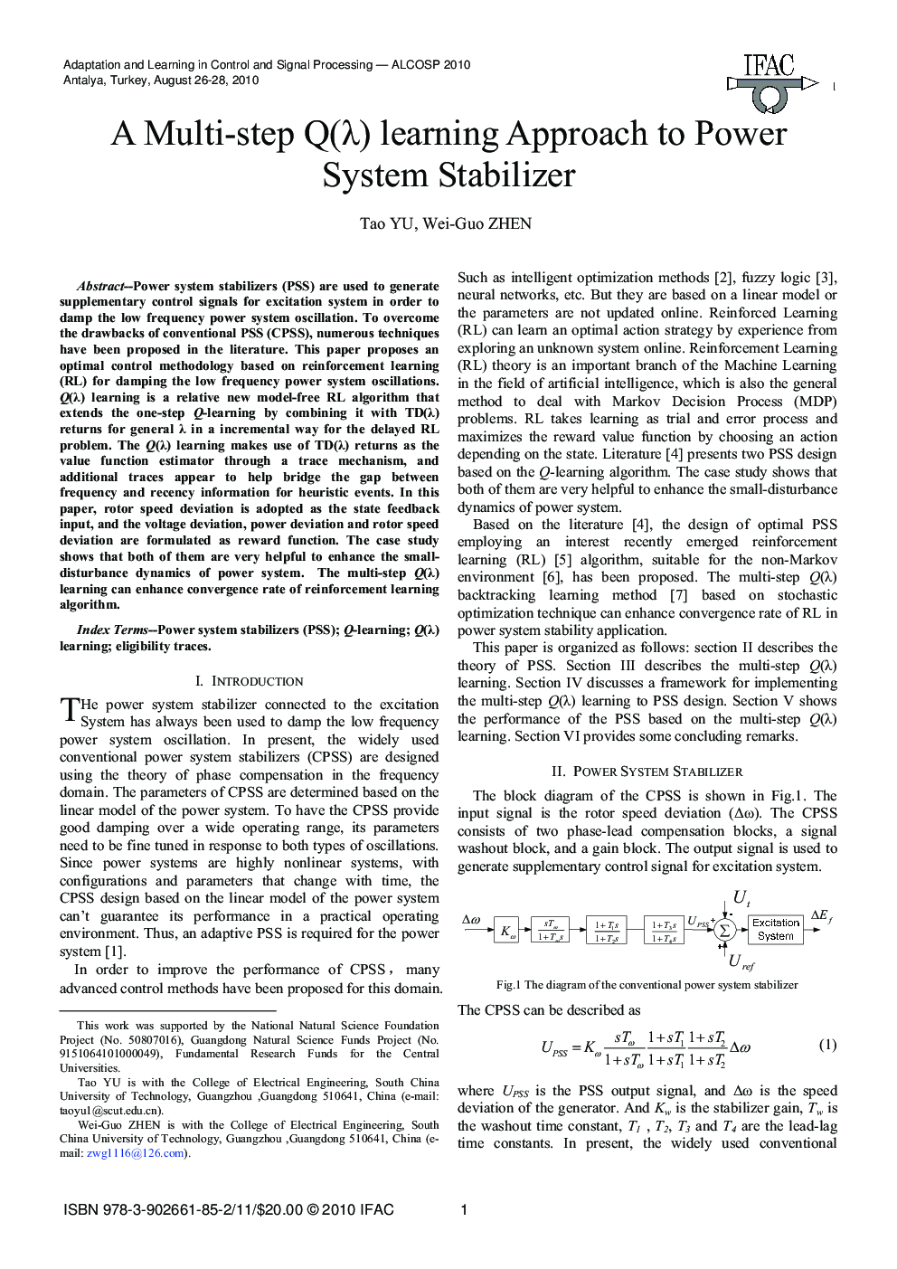 عکس صفحه اول مقاله: A Multi-step Q(Λ) learning Approach to Power System Stabilizer A Multi-step Q(Λ) learning Approach to Power System Stabilizer