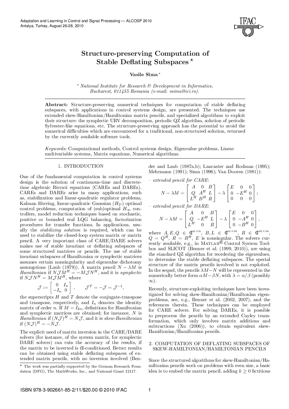 عکس صفحه اول مقاله: Structure-preserving Computation of Stable Deflating Subspaces Structure-preserving Computation of Stable Deflating Subspaces