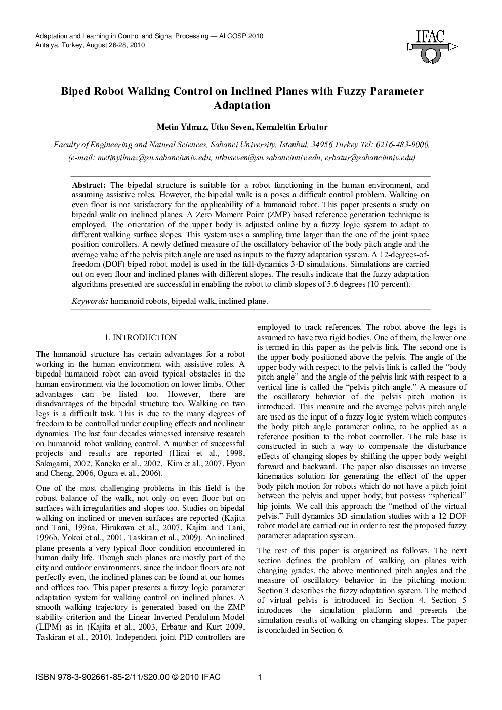Biped Robot Walking Control on Inclined Planes with Fuzzy Parameter Adaptation