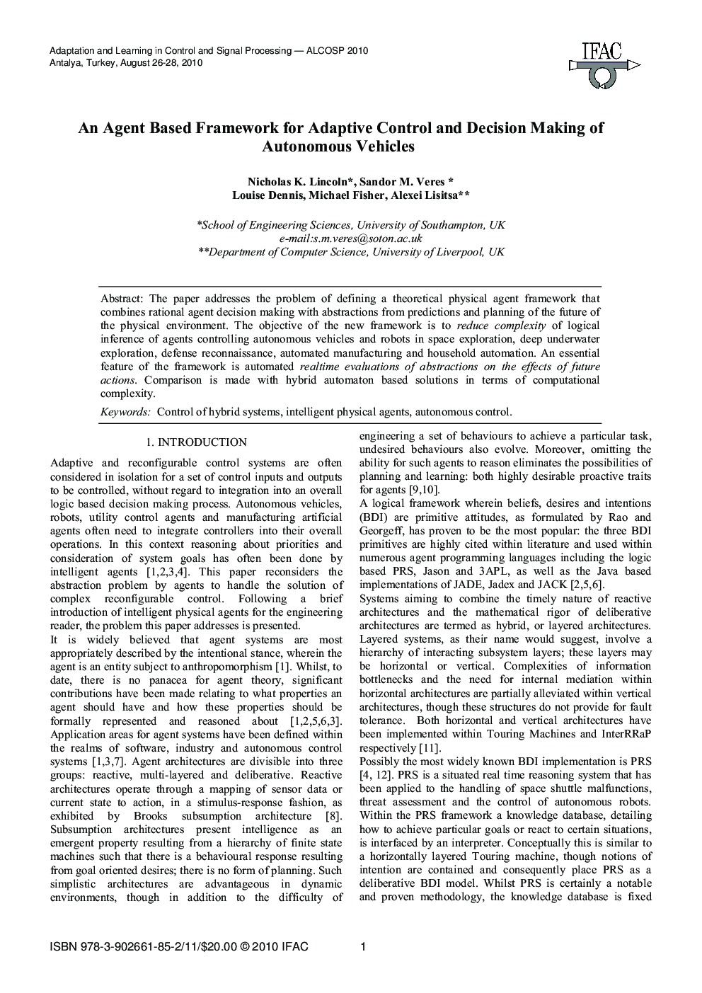 An Agent Based Framework for Adaptive Control and Decision Making of Autonomous Vehicles