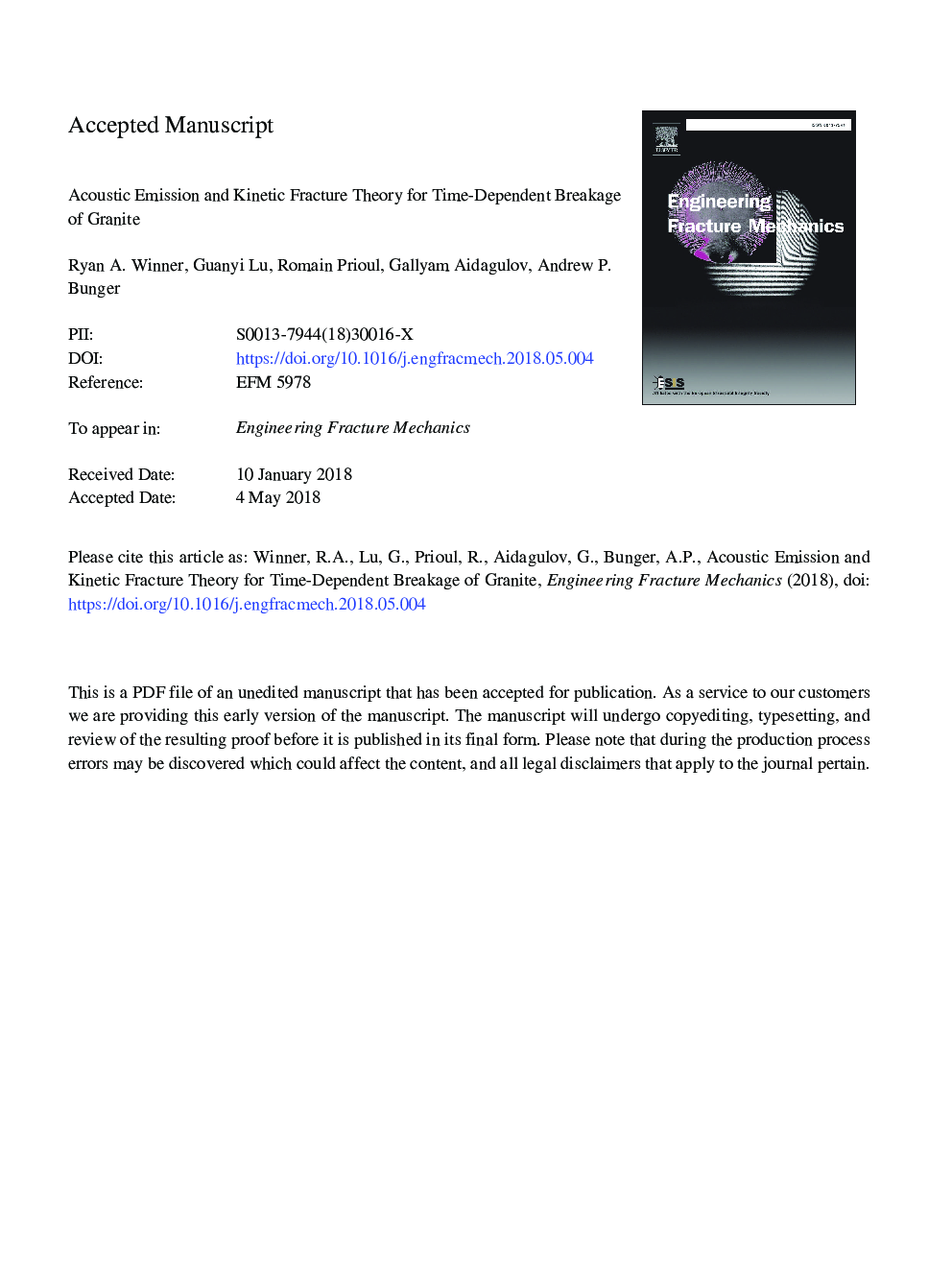 Acoustic emission and kinetic fracture theory for time-dependent breakage of granite