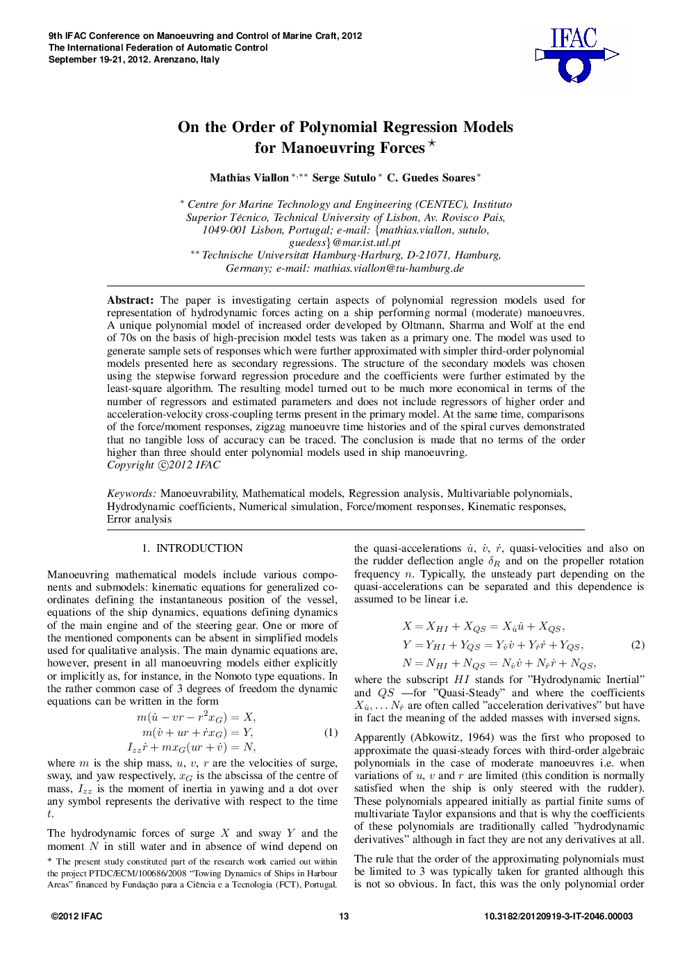 عکس صفحه اول مقاله: On the Order of Polynomial Regression Models for Manoeuvring Forces On the Order of Polynomial Regression Models for Manoeuvring Forces