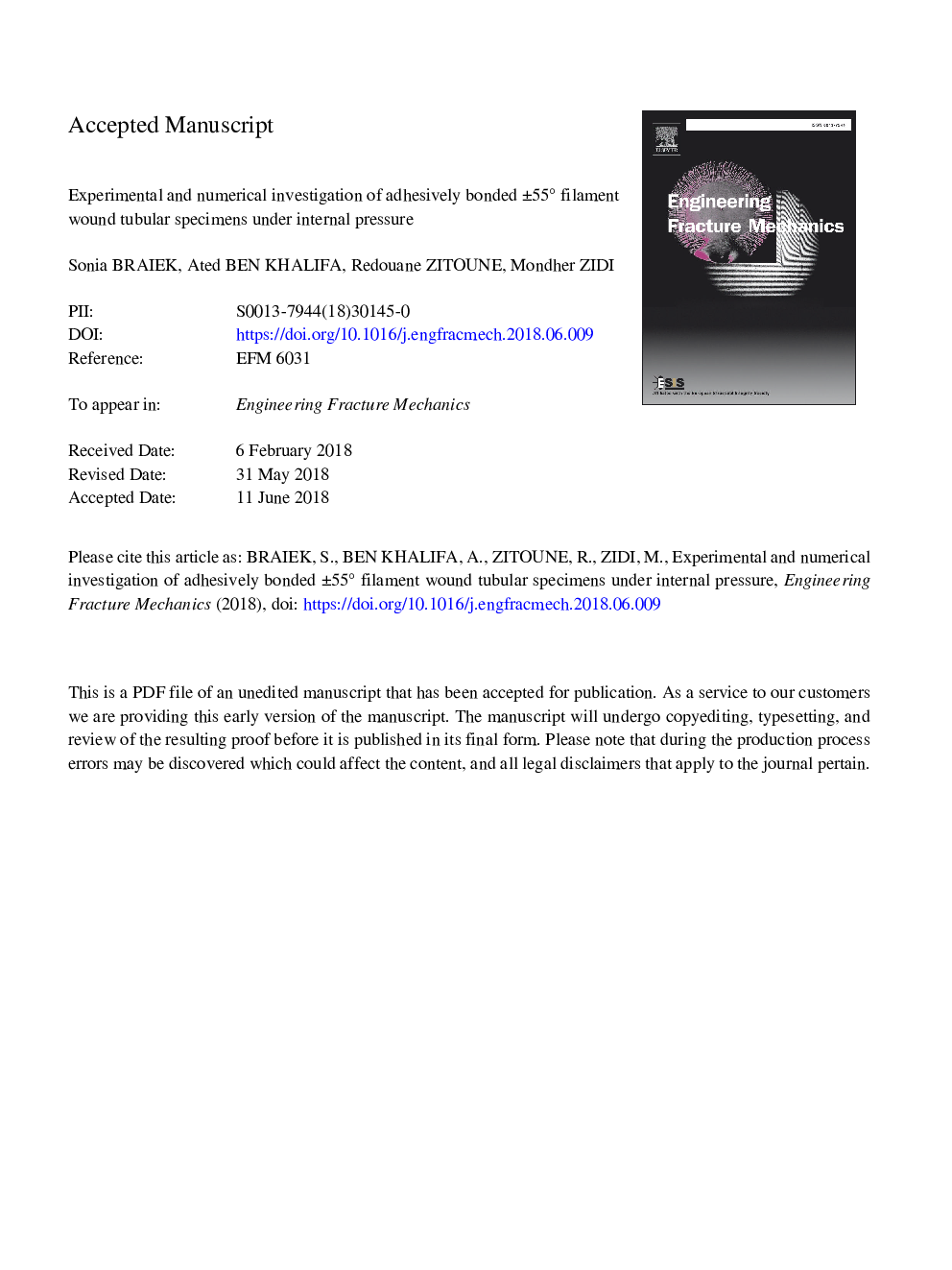 Experimental and numerical investigation of adhesively bonded Â±55Â° filament wound tubular specimens under internal pressure