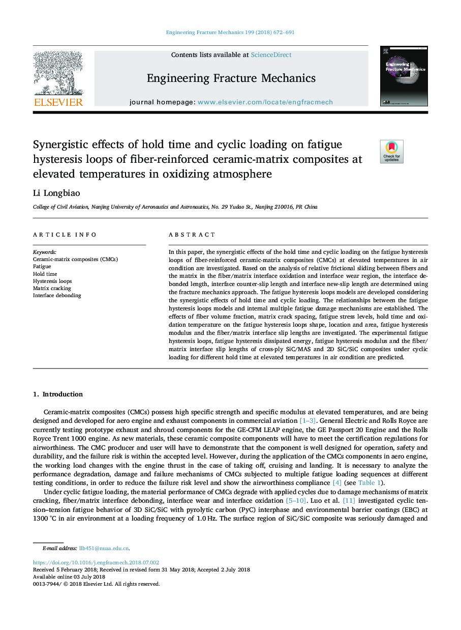 Synergistic effects of hold time and cyclic loading on fatigue hysteresis loops of fiber-reinforced ceramic-matrix composites at elevated temperatures in oxidizing atmosphere