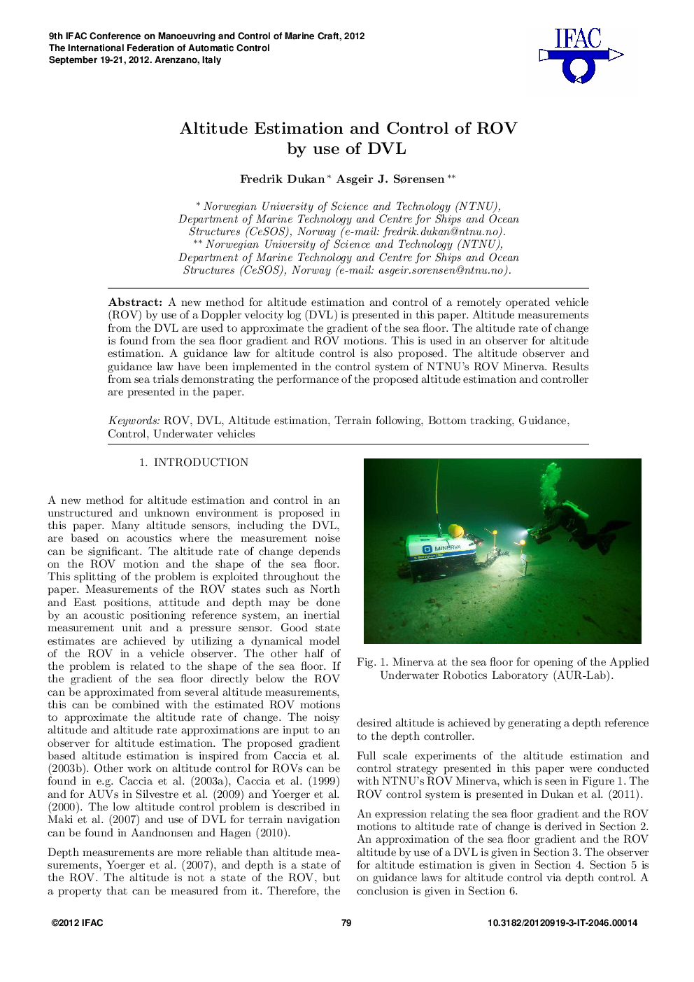 عکس صفحه اول مقاله: Altitude Estimation and Control of ROV by use of DVL Altitude Estimation and Control of ROV by use of DVL