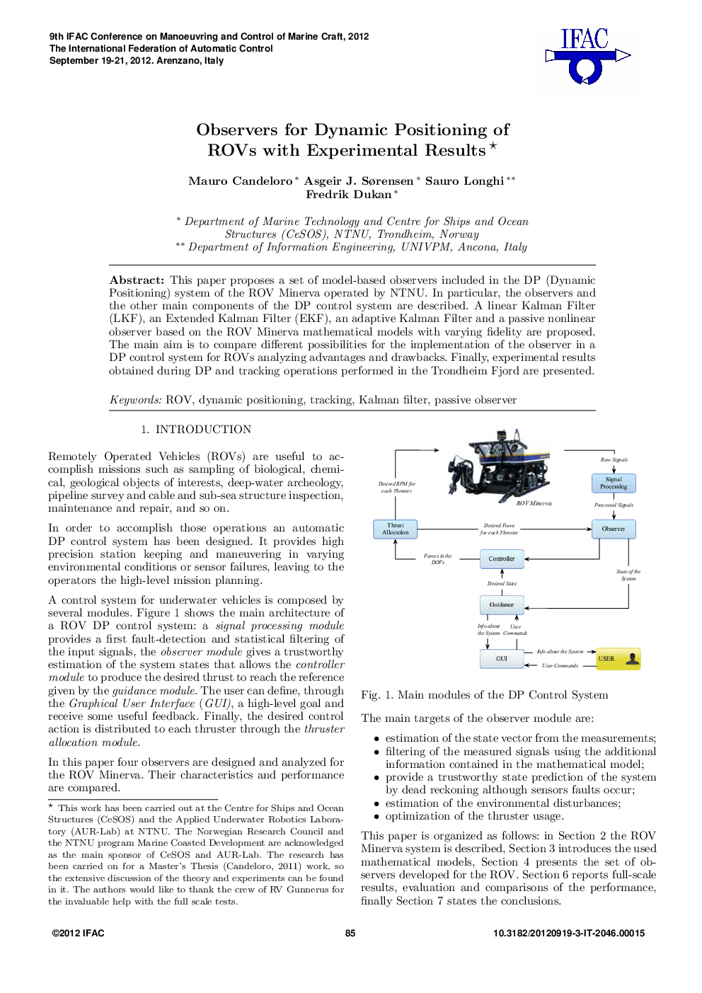 عکس صفحه اول مقاله: Observers for Dynamic Positioning of ROVs with Experimental Results Observers for Dynamic Positioning of ROVs with Experimental Results