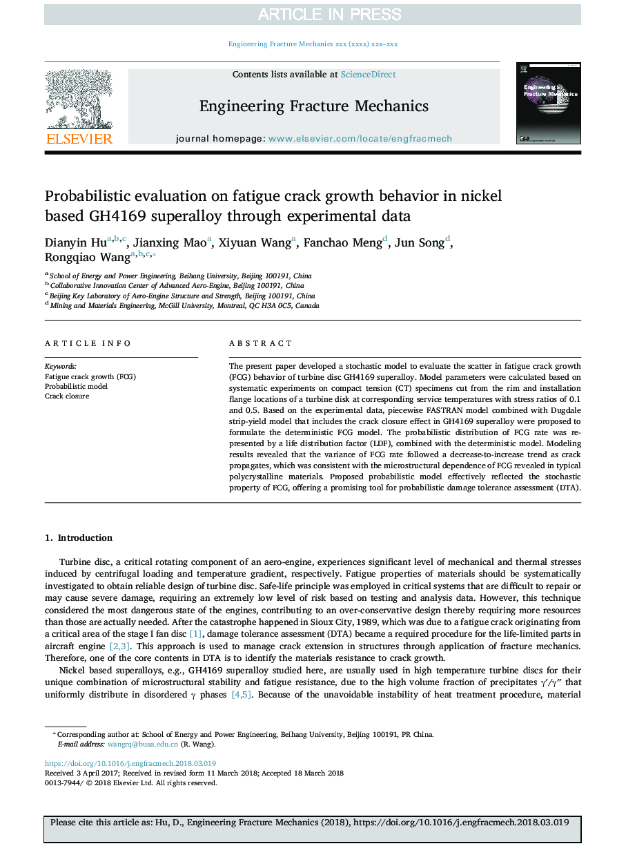 Probabilistic evaluation on fatigue crack growth behavior in nickel based GH4169 superalloy through experimental data