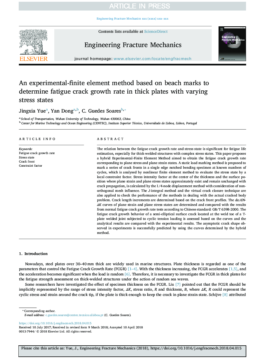 An experimental-finite element method based on beach marks to determine fatigue crack growth rate in thick plates with varying stress states