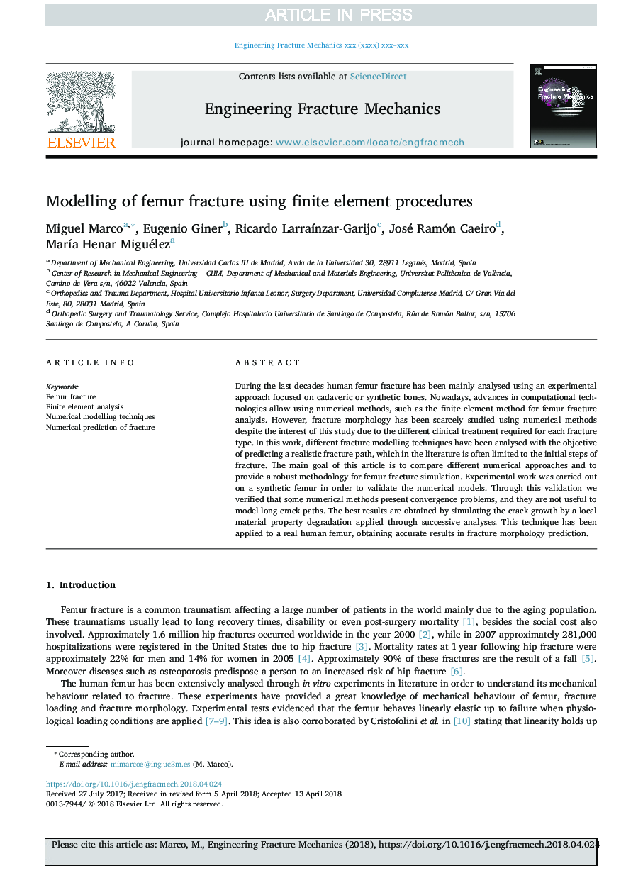 Modelling of femur fracture using finite element procedures