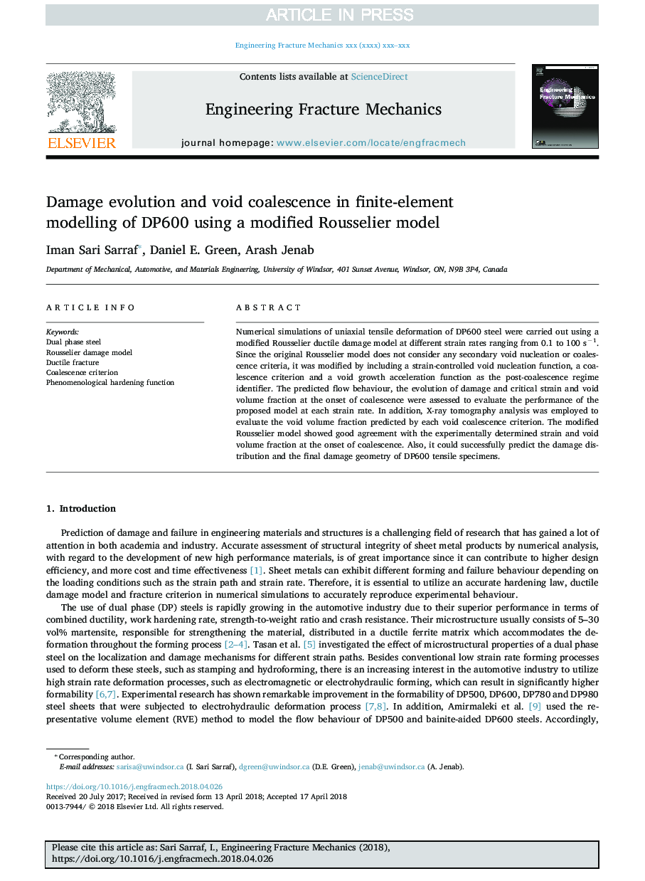 Damage evolution and void coalescence in finite-element modelling of DP600 using a modified Rousselier model