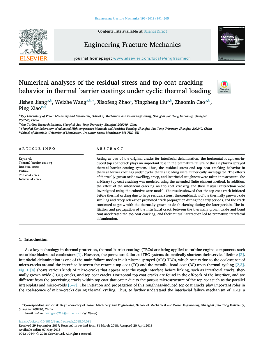 Numerical analyses of the residual stress and top coat cracking behavior in thermal barrier coatings under cyclic thermal loading