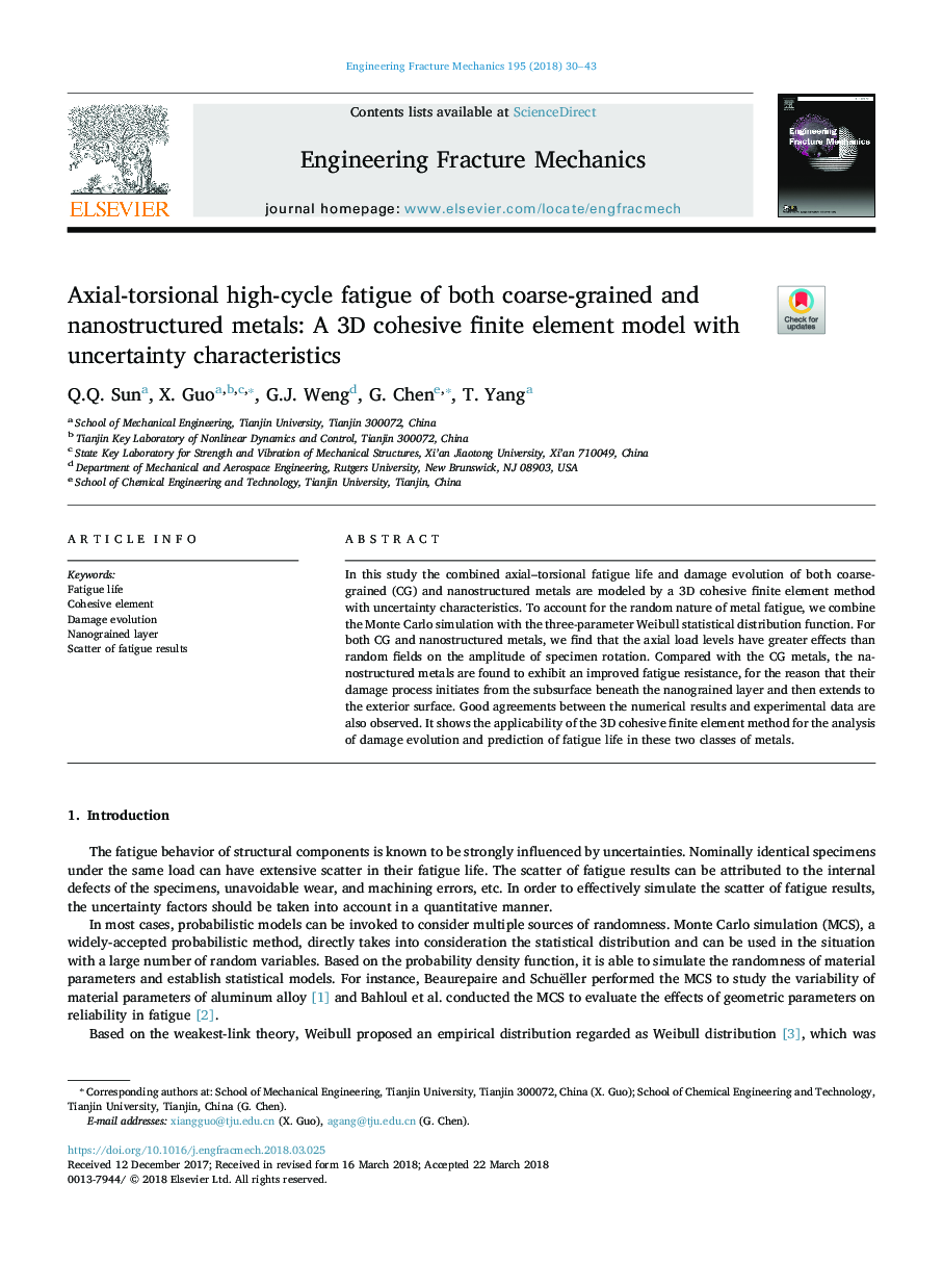 Axial-torsional high-cycle fatigue of both coarse-grained and nanostructured metals: A 3D cohesive finite element model with uncertainty characteristics