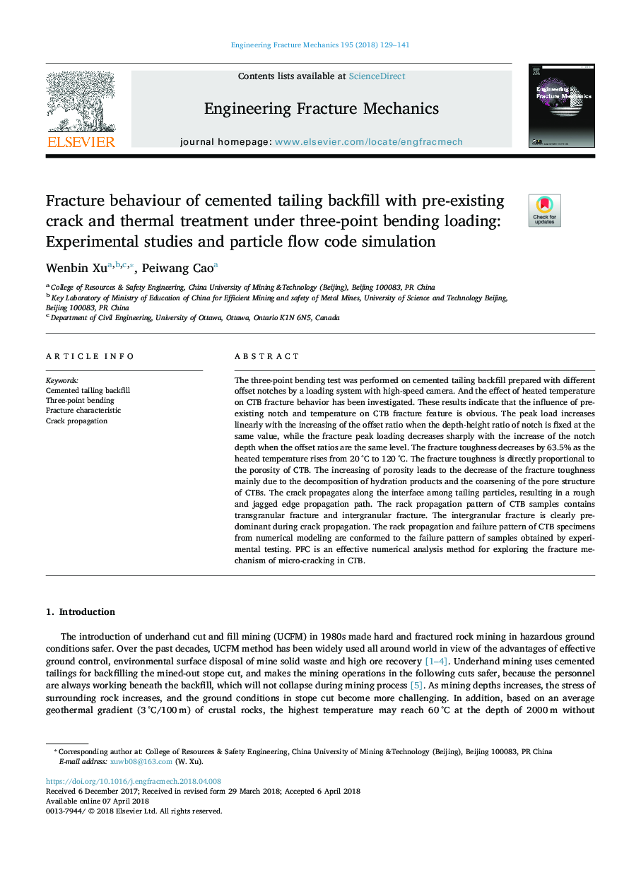 Fracture behaviour of cemented tailing backfill with pre-existing crack and thermal treatment under three-point bending loading: Experimental studies and particle flow code simulation