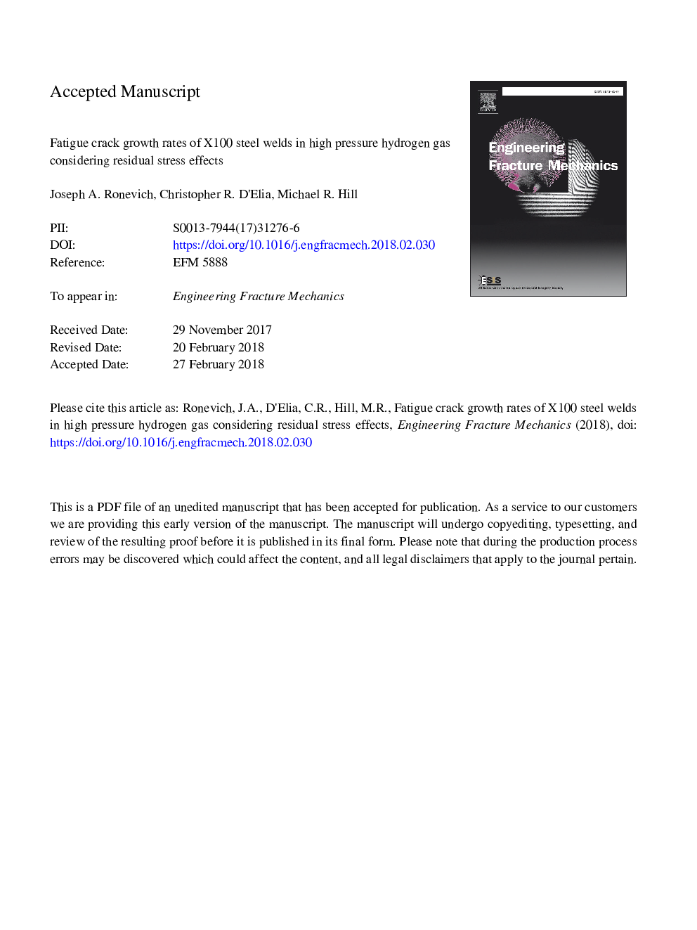 Fatigue crack growth rates of X100 steel welds in high pressure hydrogen gas considering residual stress effects