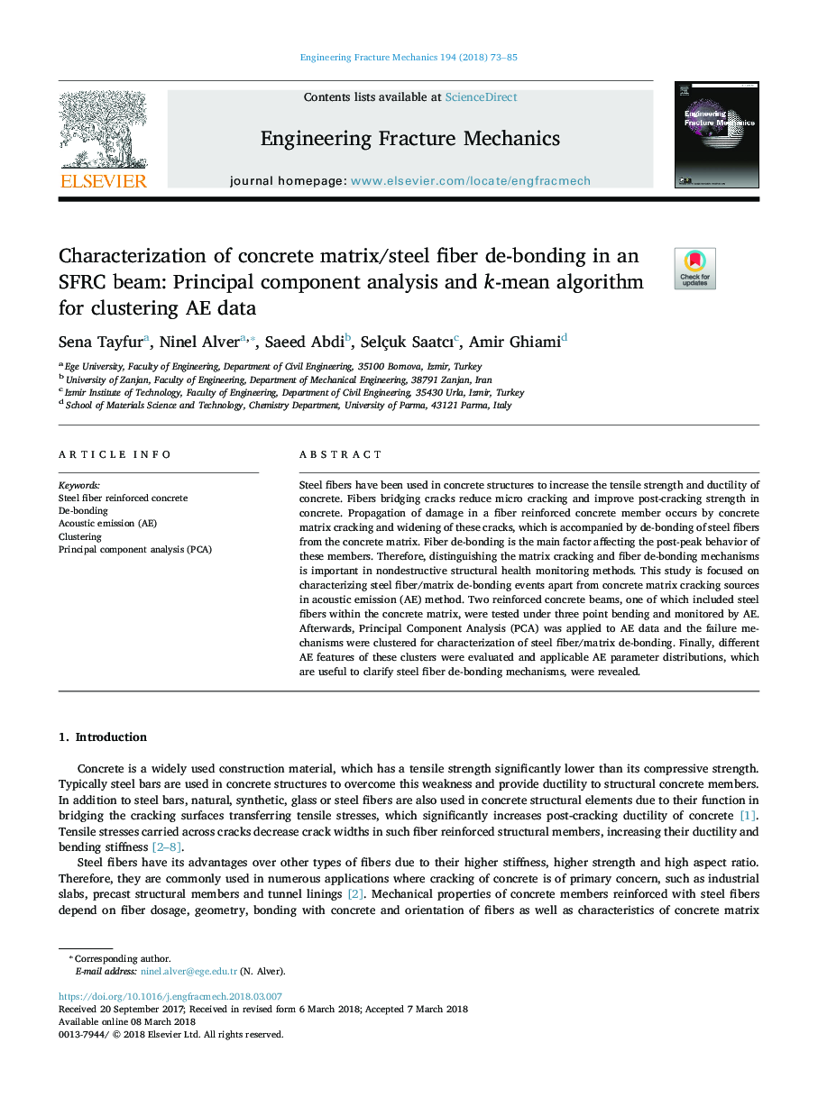 Characterization of concrete matrix/steel fiber de-bonding in an SFRC beam: Principal component analysis and k-mean algorithm for clustering AE data