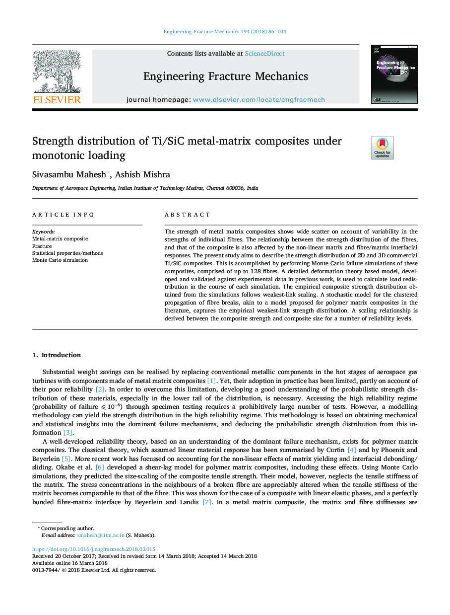 Strength distribution of Ti/SiC metal-matrix composites under monotonic loading