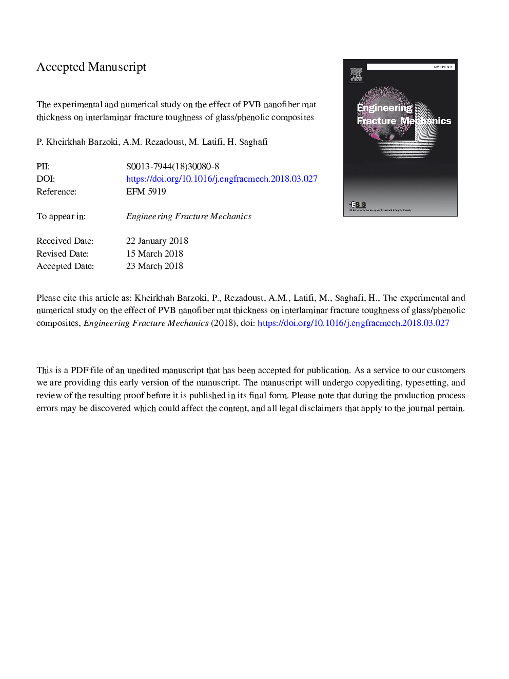 The experimental and numerical study on the effect of PVB nanofiber mat thickness on interlaminar fracture toughness of glass/phenolic composites