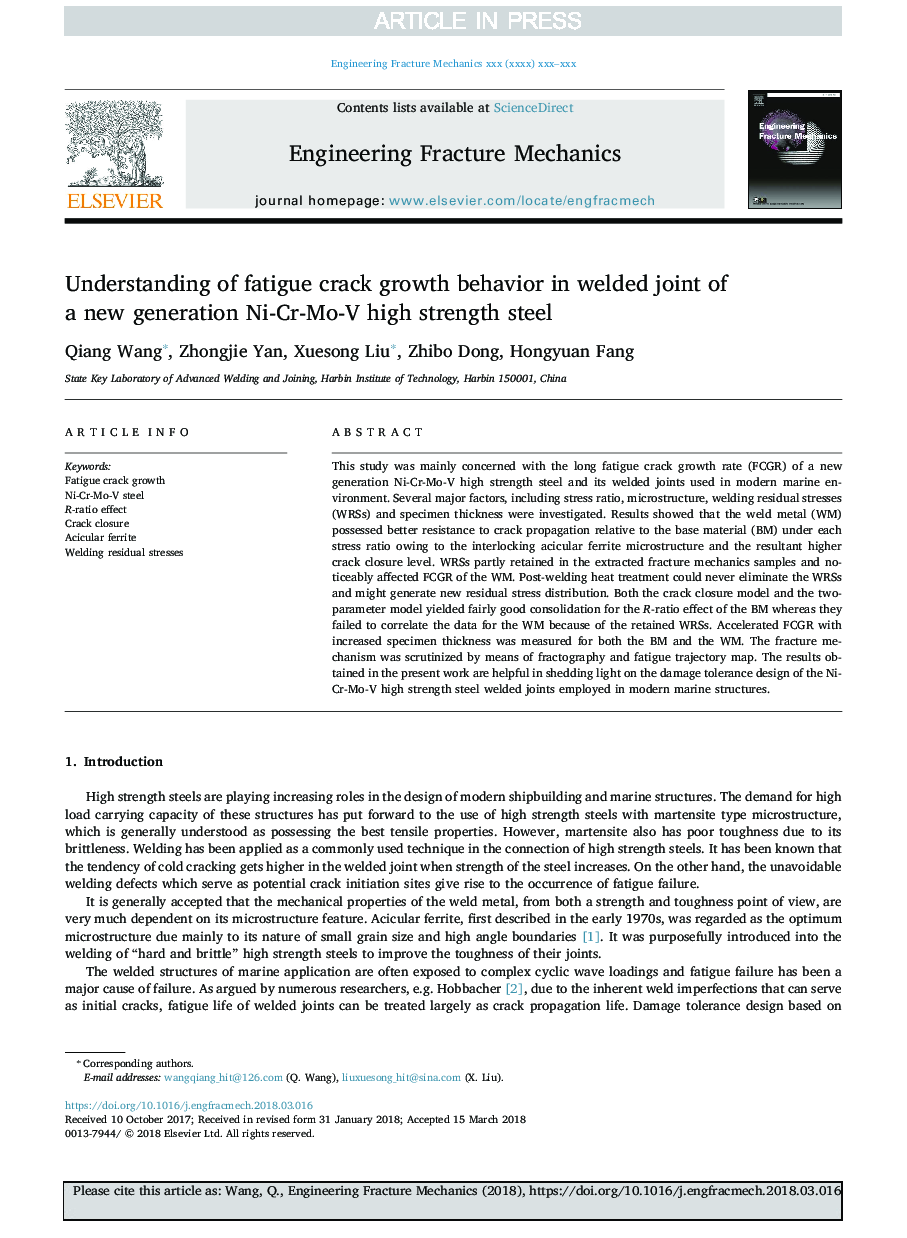 Understanding of fatigue crack growth behavior in welded joint of a new generation Ni-Cr-Mo-V high strength steel