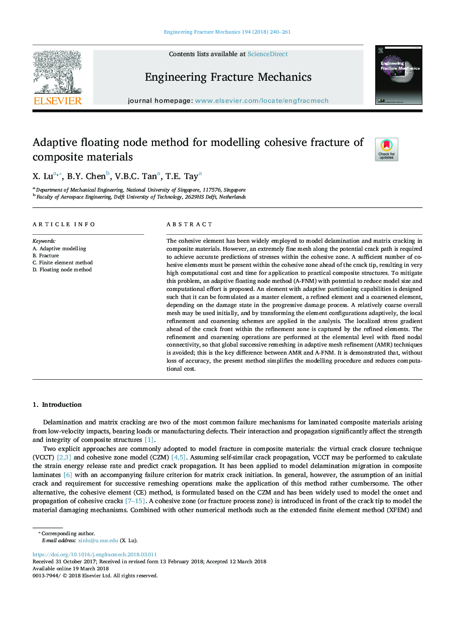 Adaptive floating node method for modelling cohesive fracture of composite materials