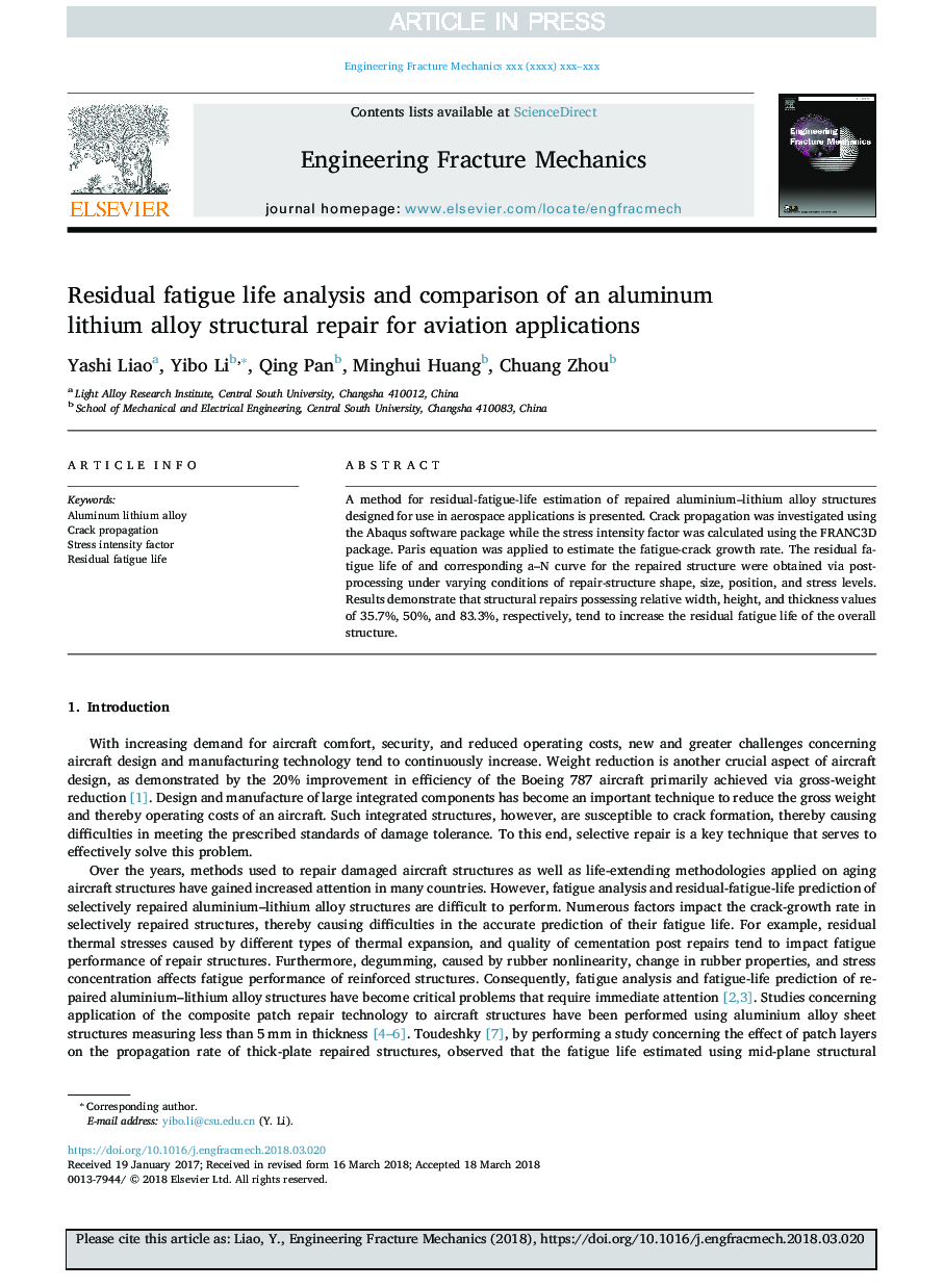 Residual fatigue life analysis and comparison of an aluminum lithium alloy structural repair for aviation applications