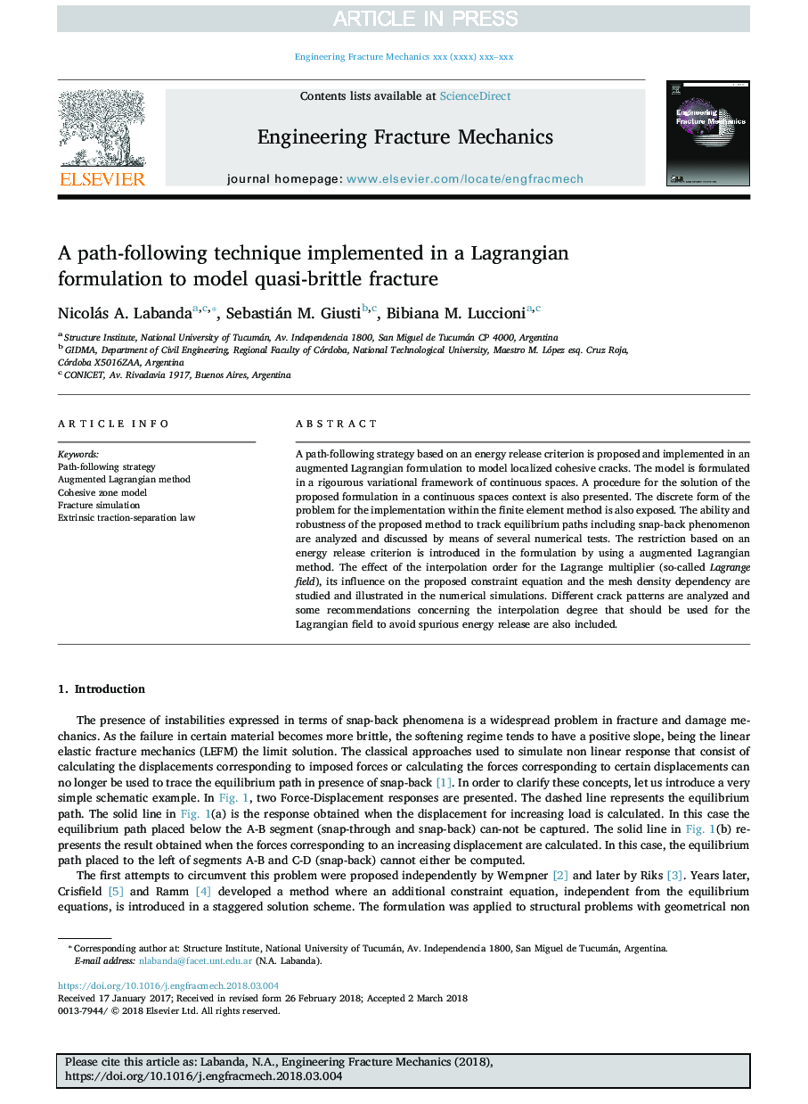 A path-following technique implemented in a Lagrangian formulation to model quasi-brittle fracture