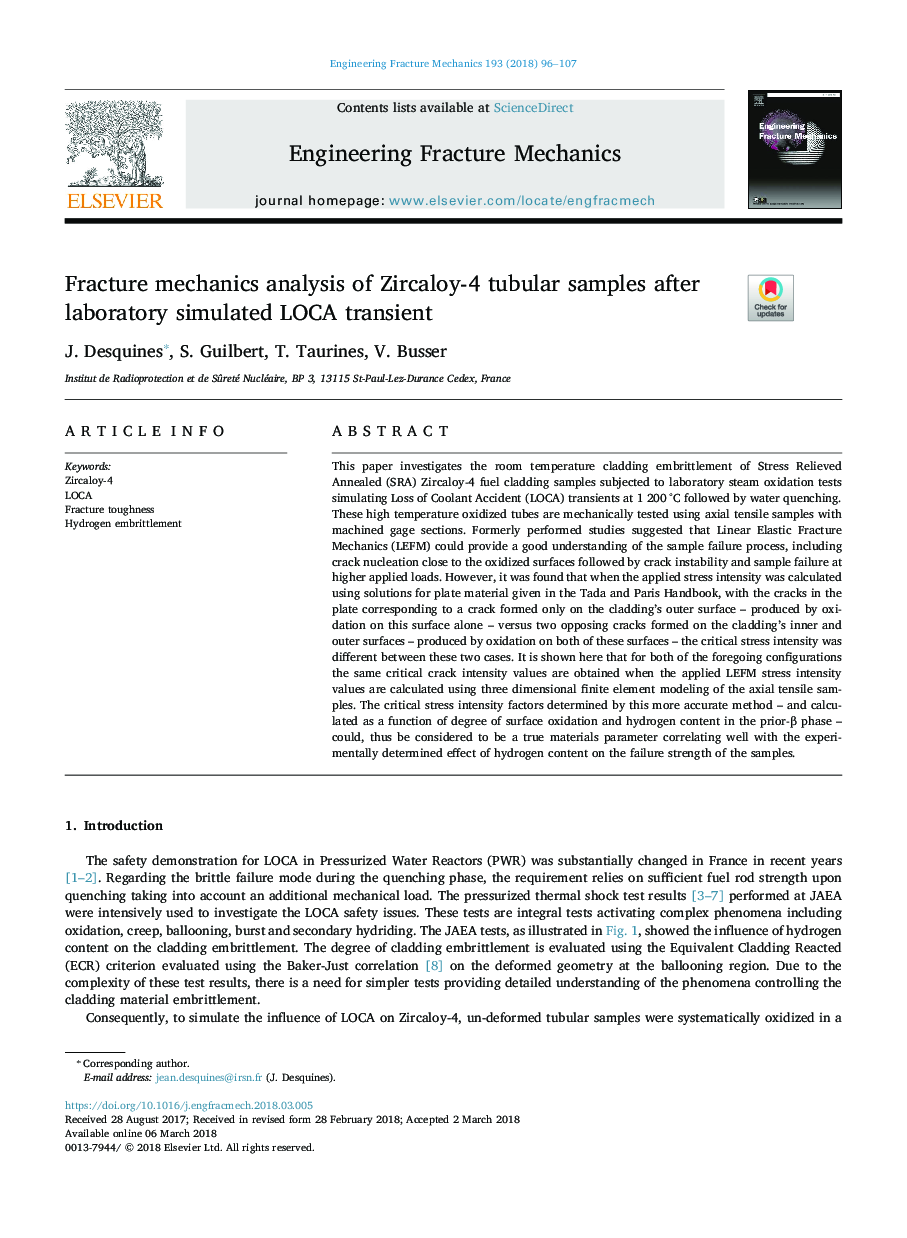 Fracture mechanics analysis of Zircaloy-4 tubular samples after laboratory simulated LOCA transient