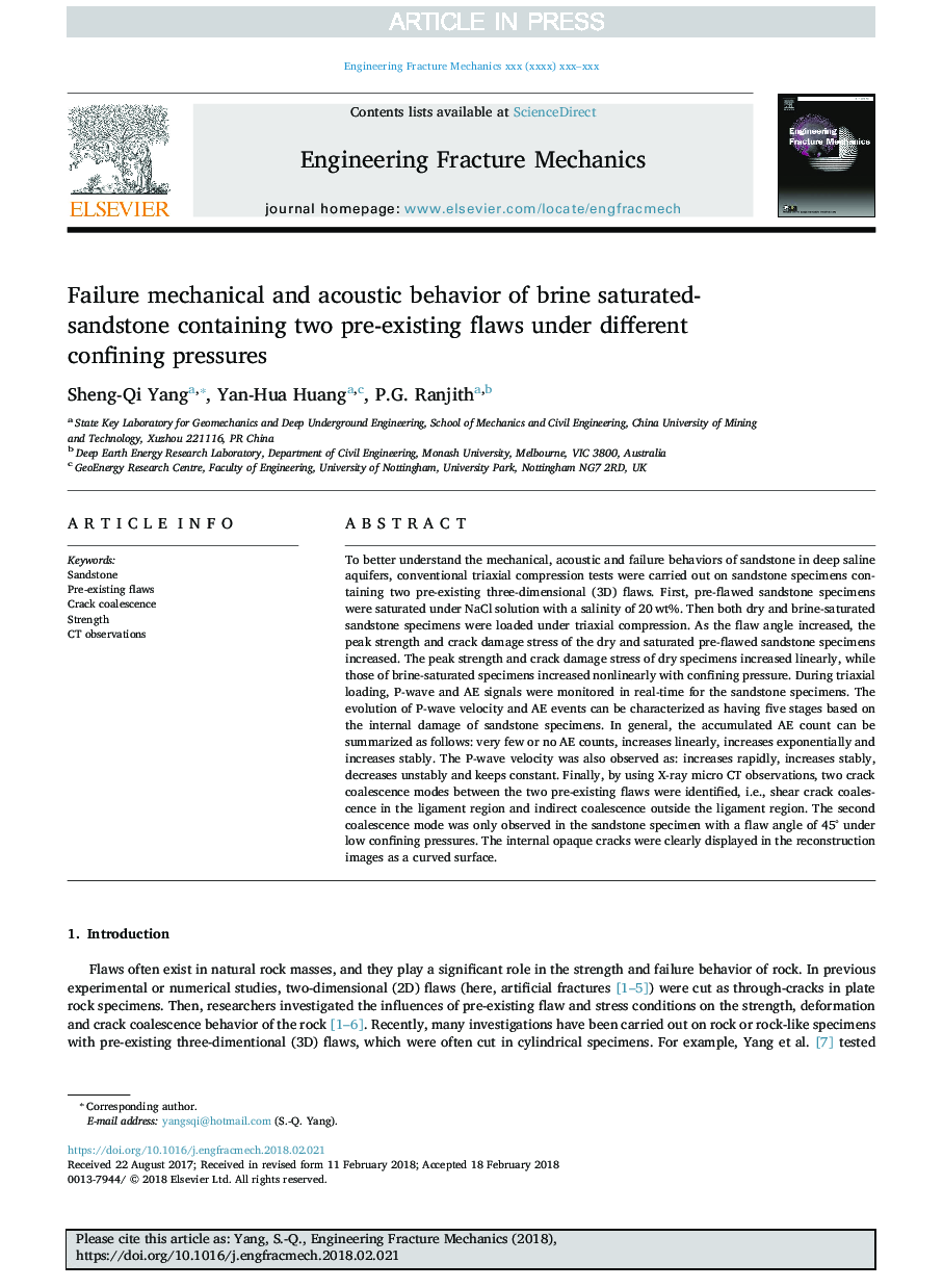 Failure mechanical and acoustic behavior of brine saturated-sandstone containing two pre-existing flaws under different confining pressures