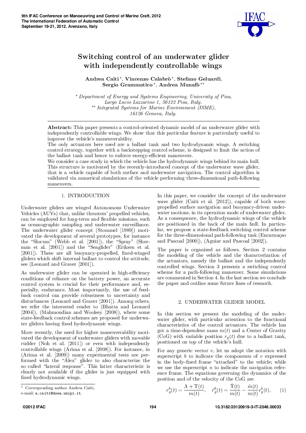 Switching control of an underwater glider with independently controllable wings 
