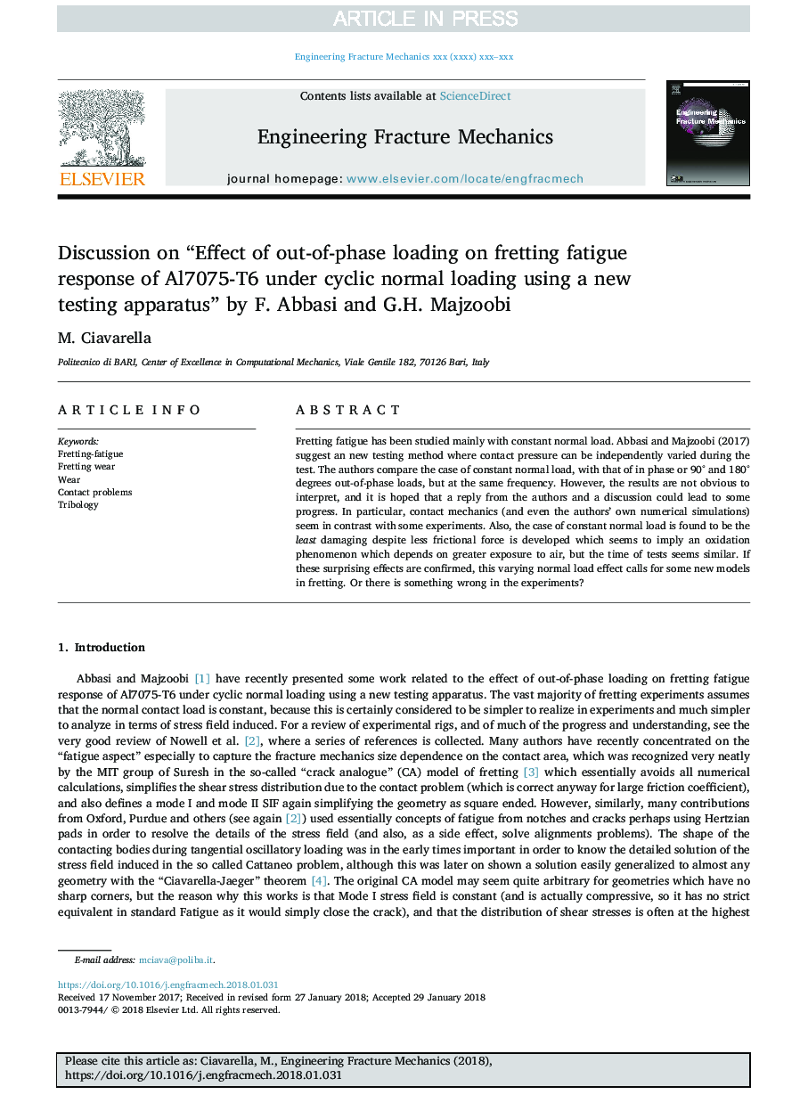 Discussion on “Effect of out-of-phase loading on fretting fatigue response of Al7075-T6 under cyclic normal loading using a new testing apparatus” by F. Abbasi and G.H. Majzoobi