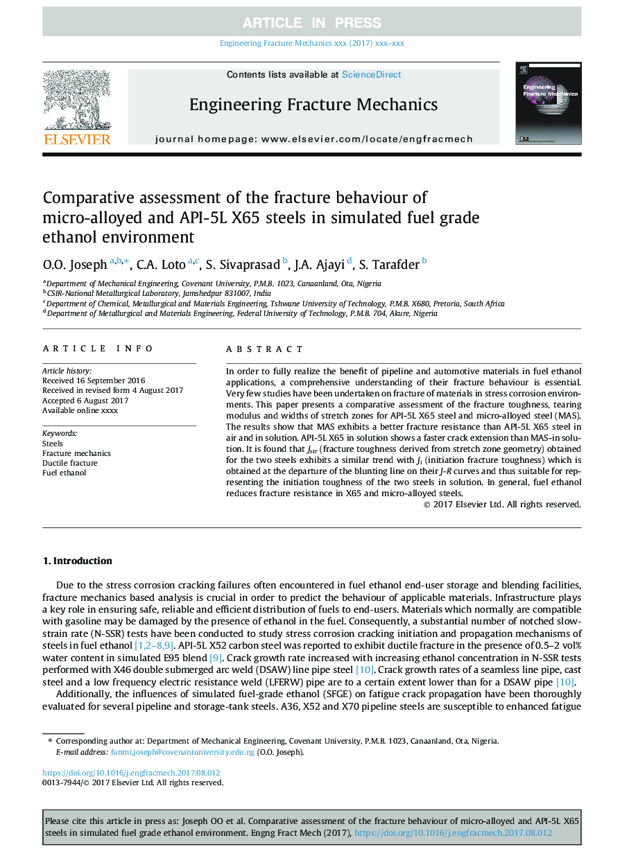 Comparative assessment of the fracture behaviour of micro-alloyed and API-5L X65 steels in simulated fuel grade ethanol environment