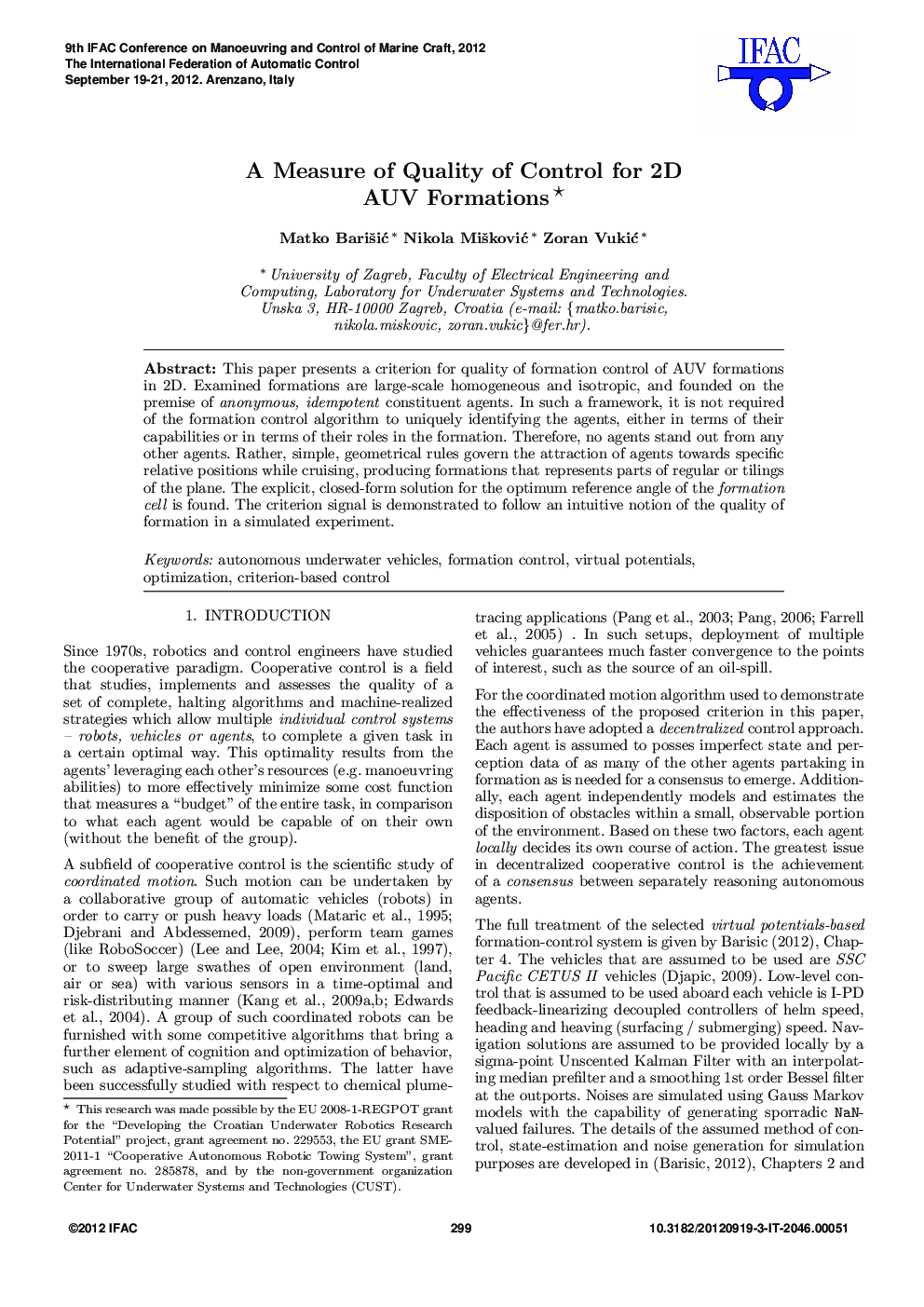 A Measure of Quality of Control for 2D AUV Formations 
