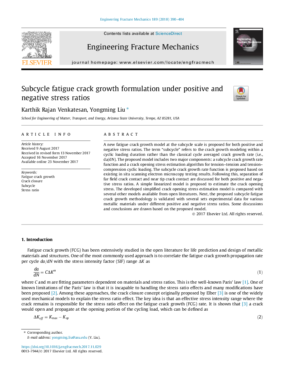 Subcycle fatigue crack growth formulation under positive and negative stress ratios