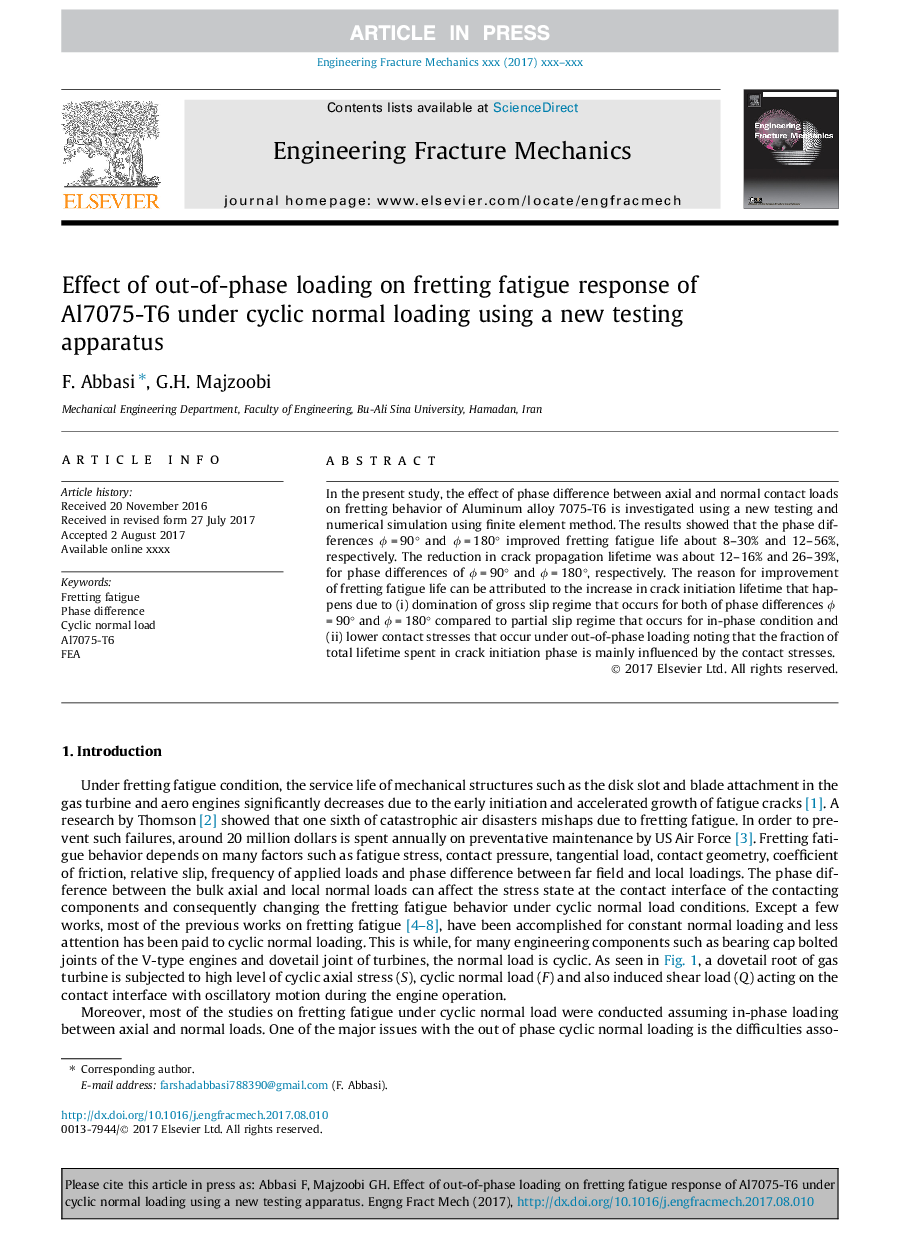 Effect of out-of-phase loading on fretting fatigue response of Al7075-T6 under cyclic normal loading using a new testing apparatus