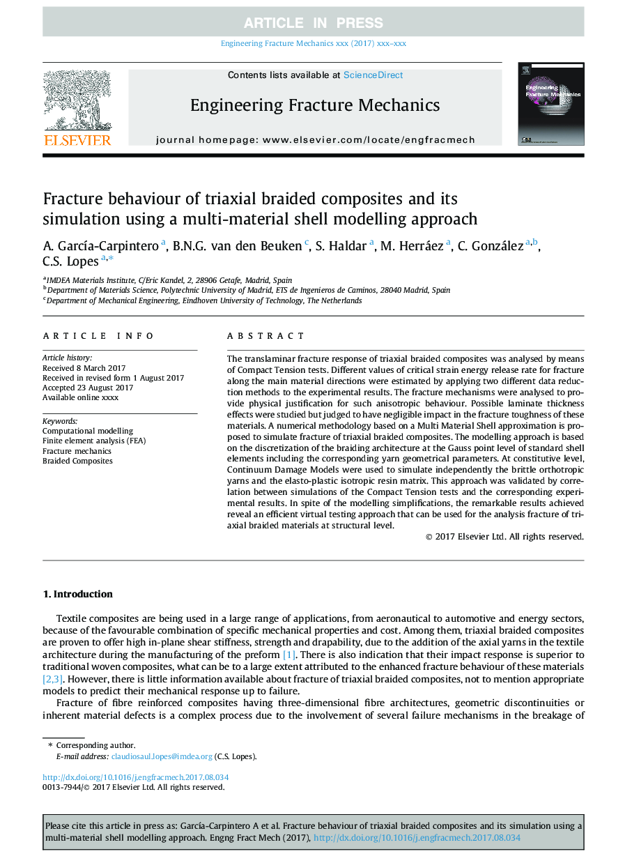 Fracture behaviour of triaxial braided composites and its simulation using a multi-material shell modelling approach