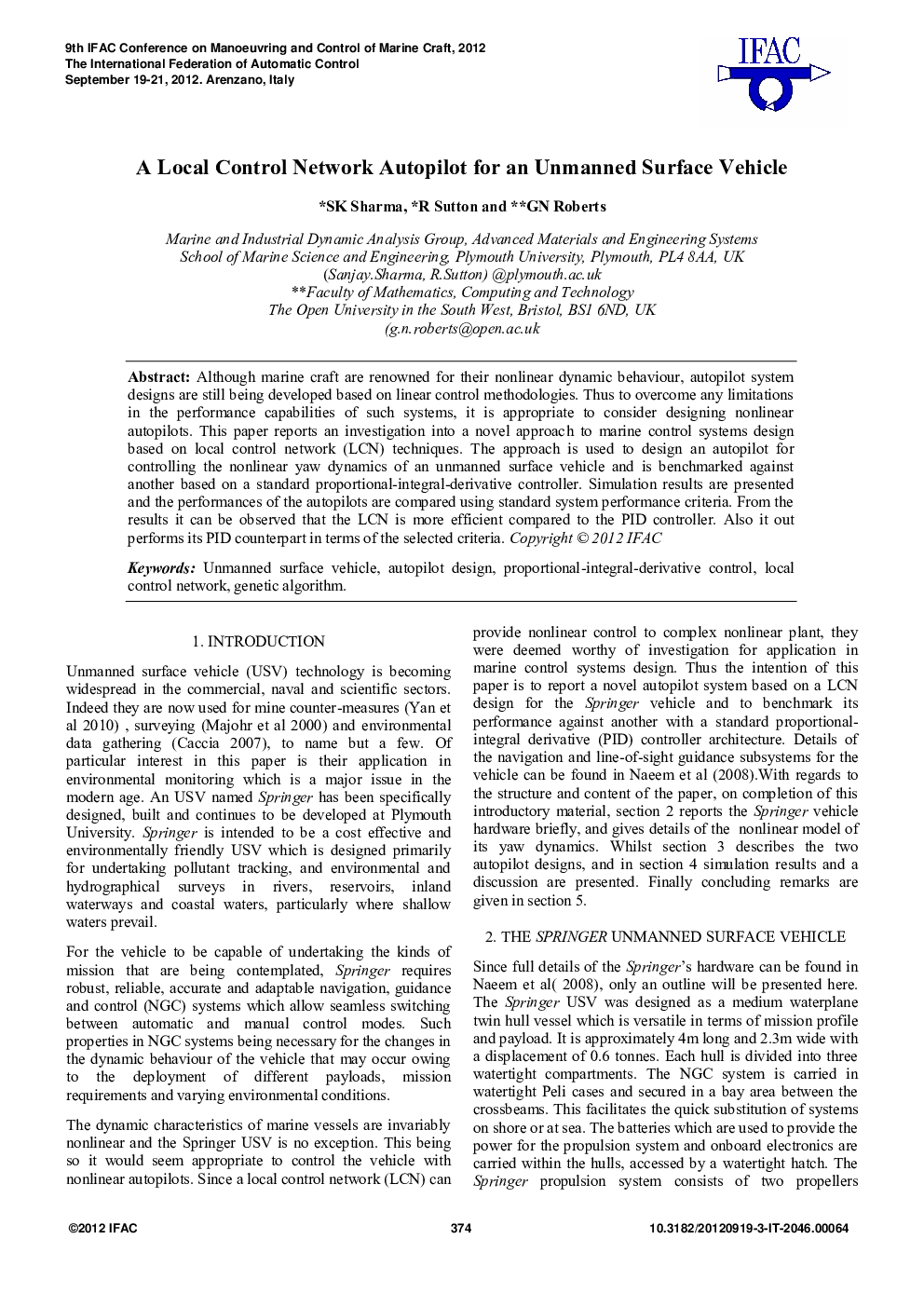 A Local Control Network Autopilot for an Unmanned Surface Vehicle