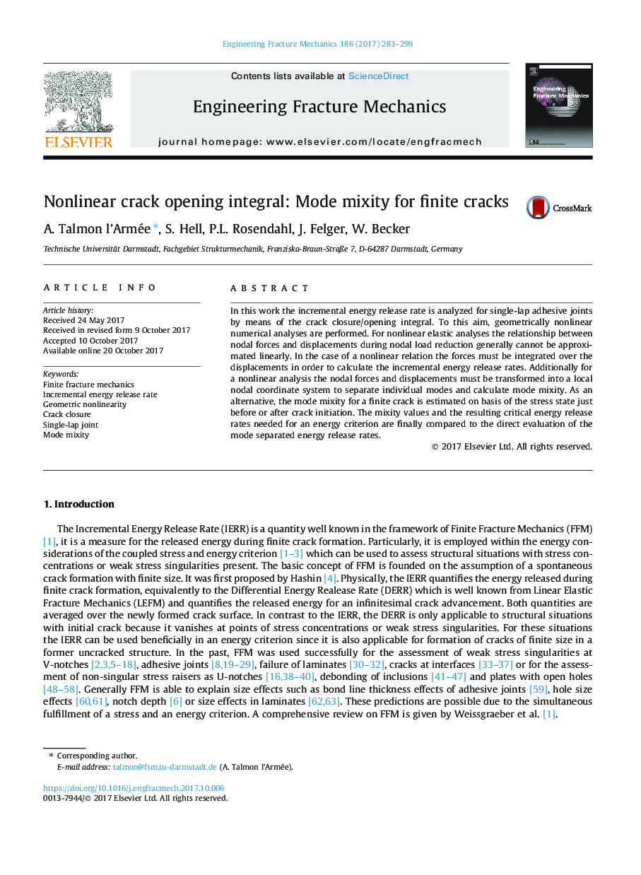 Nonlinear crack opening integral: Mode mixity for finite cracks