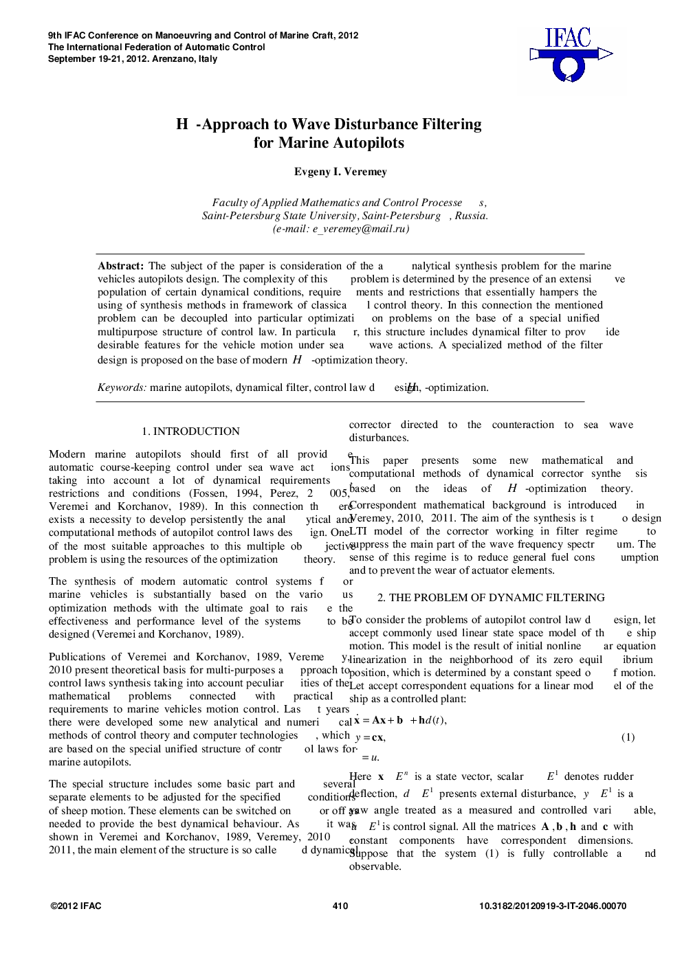 H∞-Approach to Wave Disturbance Filtering for Marine Autopilots