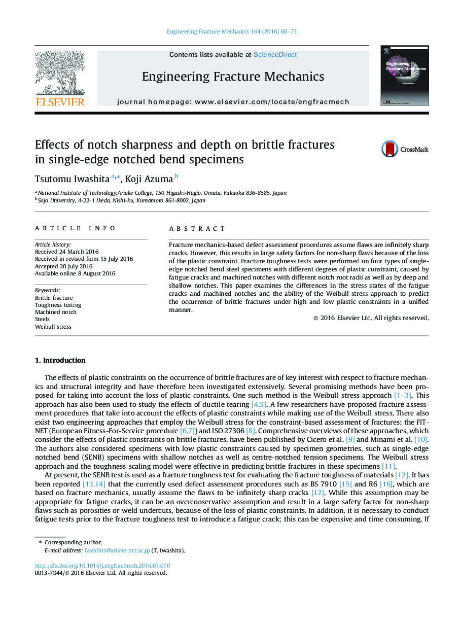 Effects of notch sharpness and depth on brittle fractures in single-edge notched bend specimens