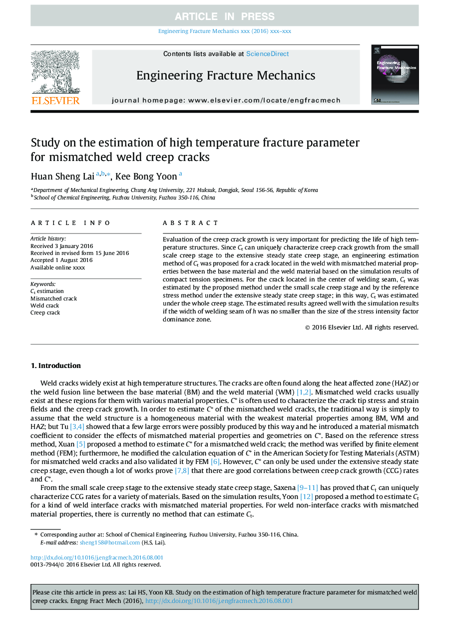 Study on the estimation of high temperature fracture parameter for mismatched weld creep cracks